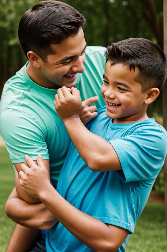 A dad playing with his very happy Disney-like son