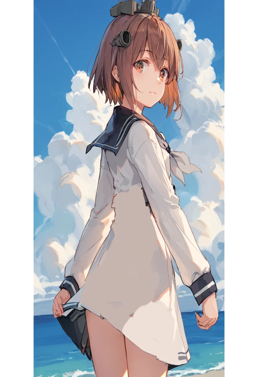 score_9,score_8_up,score_7_up,source_anime,cowboy shot,masterpiece,best quality,details background,extremely detailed,1girl,1girl,yukikaze (kancolle), brown hair, brown eyes,small breasts,short hair, sailor dress,dress,sailor collar,long sleeves,neckerchief,grey neckerchief,white dress,black sailor collar,day break,look back,sea