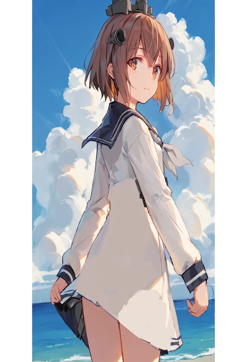 score_9,score_8_up,score_7_up,source_anime,cowboy shot,masterpiece,best quality,details background,extremely detailed,1girl,1girl,yukikaze (kancolle), brown hair, brown eyes,small breasts,short hair, sailor dress,dress,sailor collar,long sleeves,neckerchief,grey neckerchief,white dress,black sailor collar,day break,look back,sea