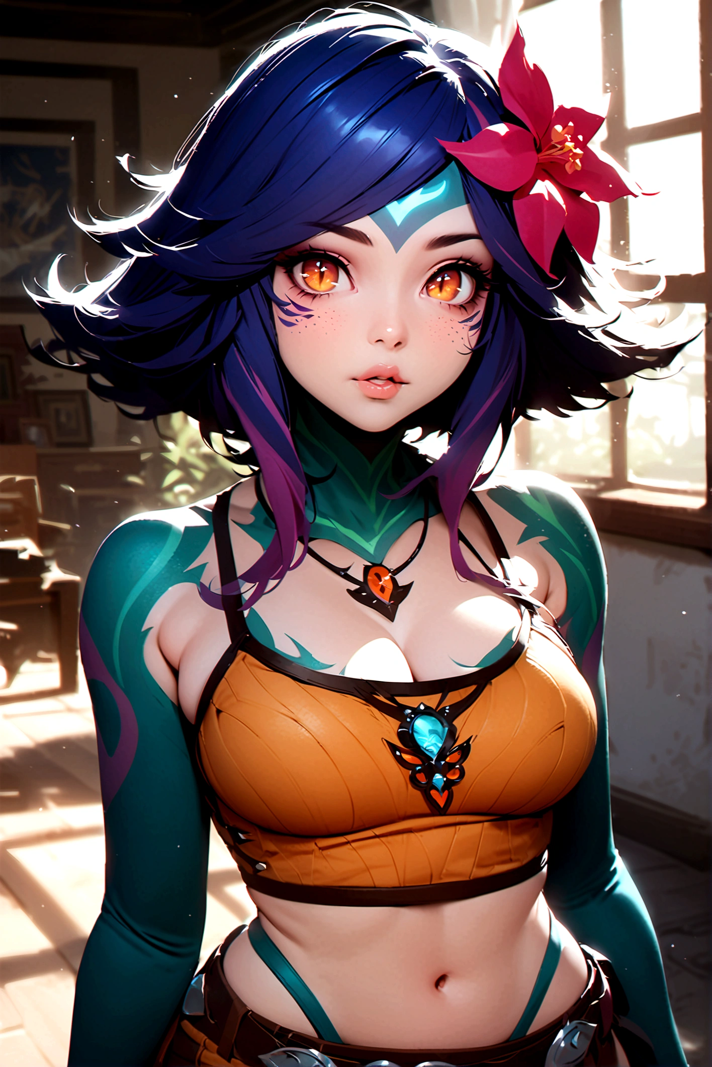 masterpiece,(best quality,top quality,8k),ultra detailed,illustration,painting,detailed eyes and face,(1girl),neeko, multicolored hair,(short hair), facial mark, forehead mark, hair ornament, hair flower, necklace, (crop top,cleavage),(thick lips:1.1),(puffy eyes) ,good contrast , high sharpness,(gorgeous),realistic,RAW Photography,(hyperdetailed:1.2),room