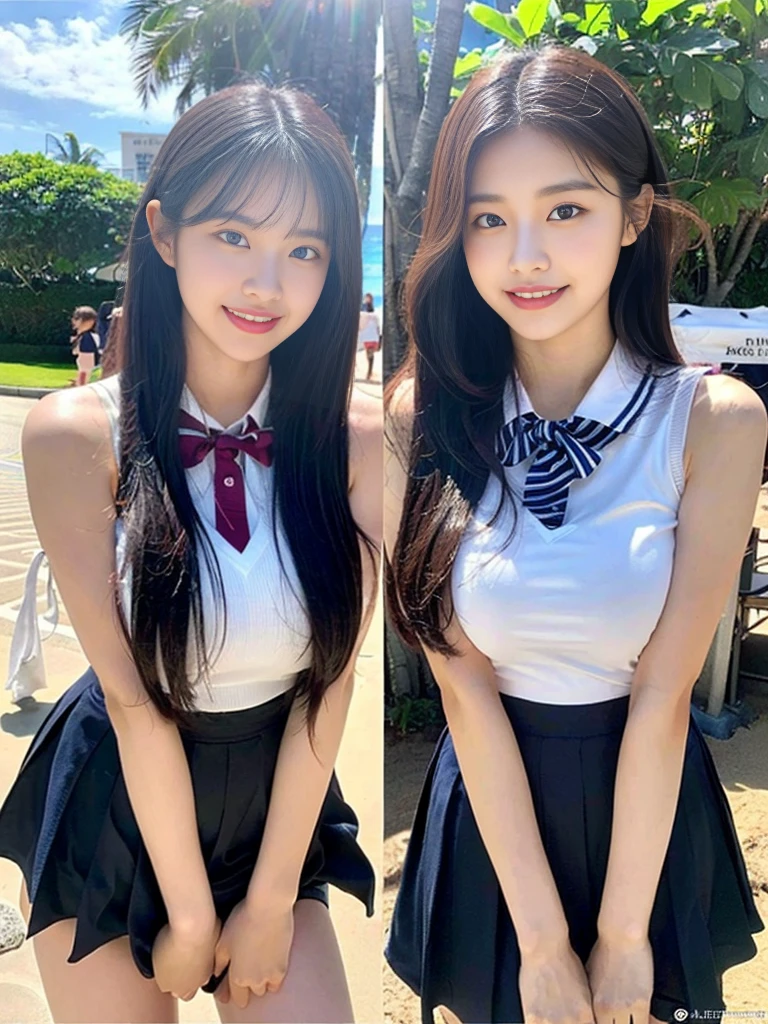 (Super cute Korean high school girls duo taking photos side by side 1.2)(grin,Smile)(Beautiful Sweat:1.1)(16k, RAW Photos, Highest quality, masterpiece: 1.2),(Cute hairstyle with shiny black hair) Super detailed, Super Resolution, (Genuine, Genuine photos: 1.37), Portraiture, High-resolution RAW color photos, Professional photos, Very detailed, 8k wallpaper, Very detailed CG Unity 8k wallpaper, Very detailed beautiful girls, Very detailed faces, ((whole body)), beautiful woman, Huge breasts,(huge boobs:1.1) (Big Boobs:1.1), Beauty college student (A tight, girly, navy sleeveless school uniform with ribbon.),high school girl, Korean Girls,(K-POP Female Idols), (Idol-class beauty)(Beautiful high school girl:1.1)(famous beaches in hawaii:1.2)(18-year-old)(Stylish summer  outfit:1.1)NSFW