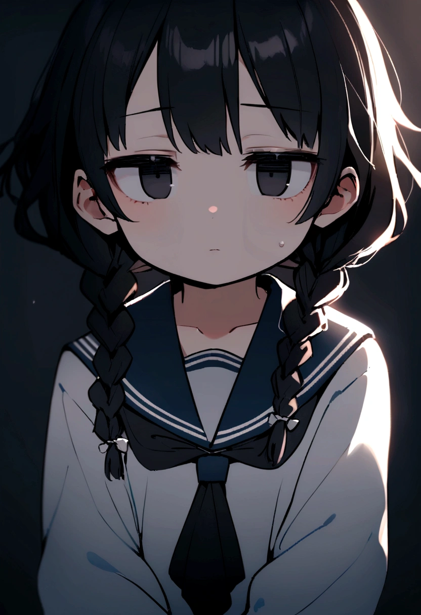 Long black hair, two braids, sailor suit, jittery eyes, loli, short, cute,half eyes, jittery eyes, white triangle on To the left and right of the head., black eyes, holding a knife, expressionless,Half eyes ,1 Girl,emotionless