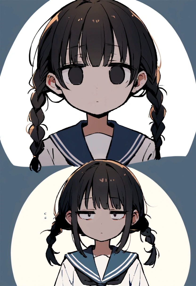 Long black hair, two braids, sailor suit, jittery eyes, loli, short, cute,half eyes, jittery eyes, white triangle on To the left and right of the head., black eyes, holding a knife, expressionless,Half eyes ,1 Girl,emotionless