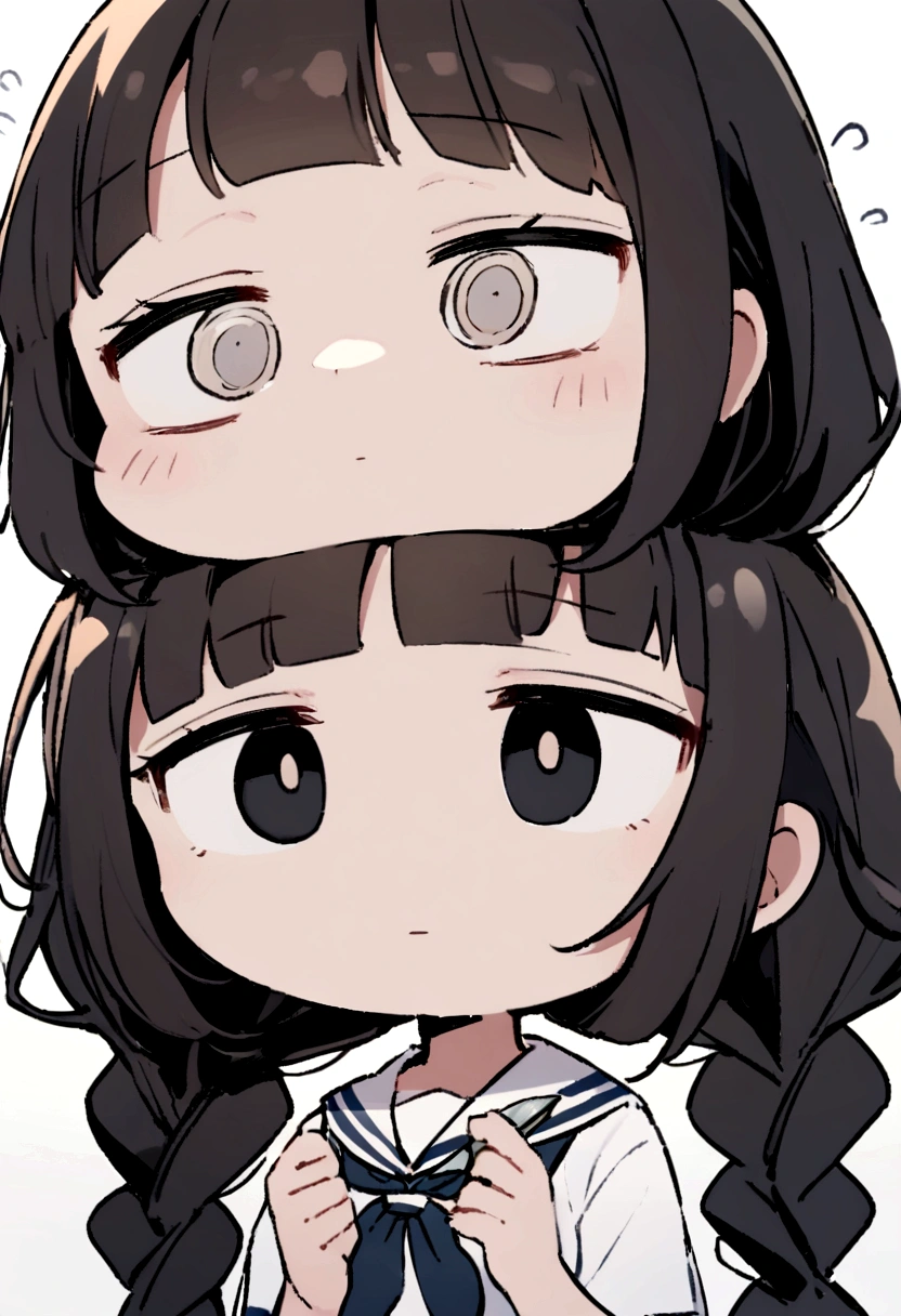Long black hair, two braids, sailor suit, jittery eyes, loli, short, cute,half eyes, jittery eyes, white triangle on To the left and right of the head., black eyes, holding a knife, expressionless,Half eyes ,1 Girl,emotionless