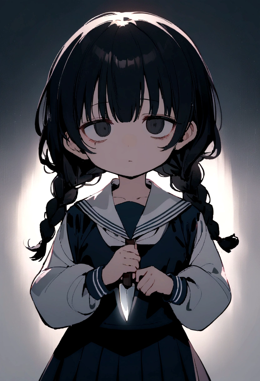 Long black hair, two braids, sailor suit, jittery eyes, loli, short, cute,half eyes, jittery eyes, white triangle on To the left and right of the head., black eyes, holding a knife, expressionless,Half eyes ,1 Girl,emotionless
