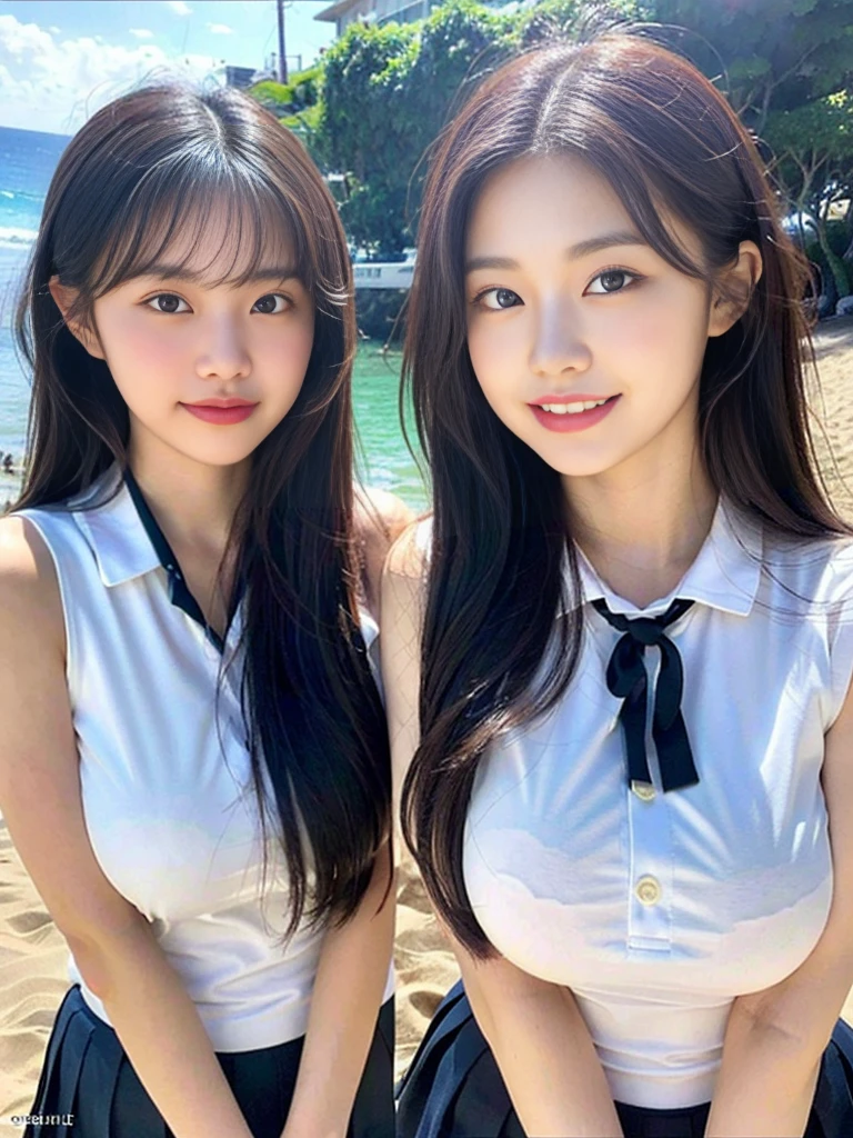(Super cute Korean high school girls duo taking photos side by side 1.2)(grin,Smile)(Beautiful Sweat:1.1)(16k, RAW Photos, Highest quality, masterpiece: 1.2),(Cute hairstyle with shiny black hair) Super detailed, Super Resolution, (Genuine, Genuine photos: 1.37), Portraiture, High-resolution RAW color photos, Professional photos, Very detailed, 8k wallpaper, Very detailed CG Unity 8k wallpaper, Very detailed beautiful girls, Very detailed faces, ((whole body)), beautiful woman, Huge breasts,(huge boobs:1.1) (Big Boobs:1.1), Beauty college student (A tight, girly, navy sleeveless school uniform with ribbon.),high school girl, Korean Girls,(K-POP Female Idols), (Idol-class beauty)(Beautiful high school girl:1.1)(famous beaches in hawaii:1.2)(18-year-old)(Stylish summer  outfit:1.1)NSFW