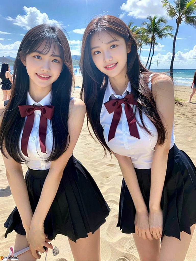 (Super cute Korean high school girls duo taking photos side by side 1.2)(grin,Smile)(Beautiful Sweat:1.1)(16k, RAW Photos, Highest quality, masterpiece: 1.2),(Cute hairstyle with shiny black hair) Super detailed, Super Resolution, (Genuine, Genuine photos: 1.37), Portraiture, High-resolution RAW color photos, Professional photos, Very detailed, 8k wallpaper, Very detailed CG Unity 8k wallpaper, Very detailed beautiful girls, Very detailed faces, ((whole body)), beautiful woman, Huge breasts,(huge boobs:1.1) (Big Boobs:1.1), Beauty college student (A tight, girly, navy sleeveless school uniform with ribbon.),high school girl, Korean Girls,(K-POP Female Idols), (Idol-class beauty)(Beautiful high school girl:1.1)(famous beaches in hawaii:1.2)(18-year-old)(Stylish summer  outfit:1.1)NSFW