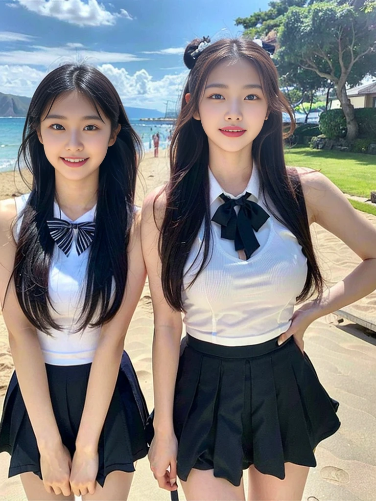 (Super cute Korean high school girls duo taking photos side by side 1.2)(grin,Smile)(Beautiful Sweat:1.1)(16k, RAW Photos, Highest quality, masterpiece: 1.2),(Cute hairstyle with shiny black hair) Super detailed, Super Resolution, (Genuine, Genuine photos: 1.37), Portraiture, High-resolution RAW color photos, Professional photos, Very detailed, 8k wallpaper, Very detailed CG Unity 8k wallpaper, Very detailed beautiful girls, Very detailed faces, ((whole body)), beautiful woman, Huge breasts,(huge boobs:1.1) (Big Boobs:1.1), Beauty college student (A tight, girly, navy sleeveless school uniform with ribbon.),high school girl, Korean Girls,(K-POP Female Idols), (Idol-class beauty)(Beautiful high school girl:1.1)(famous beaches in hawaii:1.2)(18-year-old)(Stylish summer  outfit:1.1)NSFW