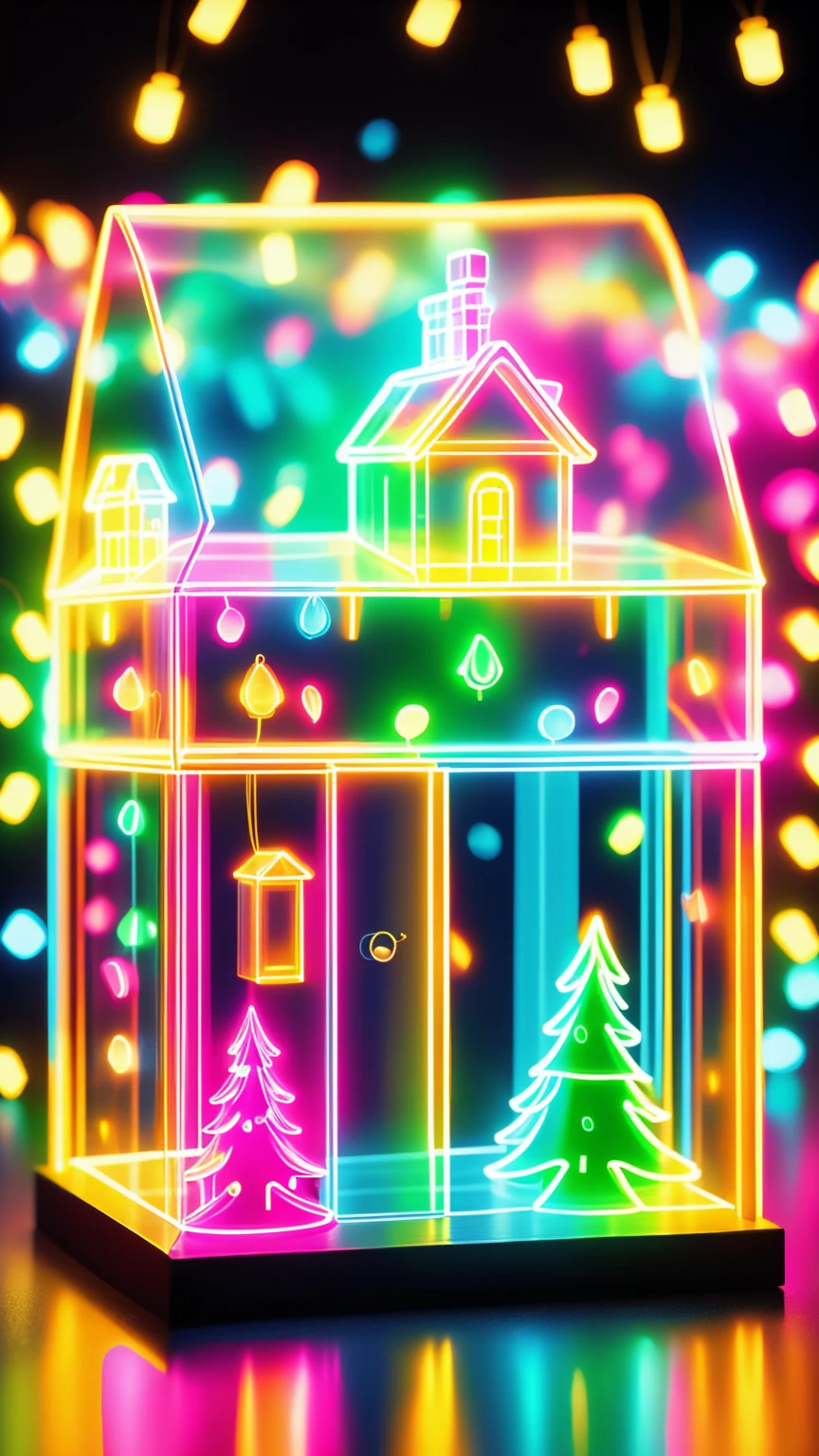 1 piece transparent glowing cute house，Colorful transparent luminous plastic，Christmas decorations，Product design，luminous neon lights，hyper realisitc，hyper HD，high detal，Best quality at best，8K