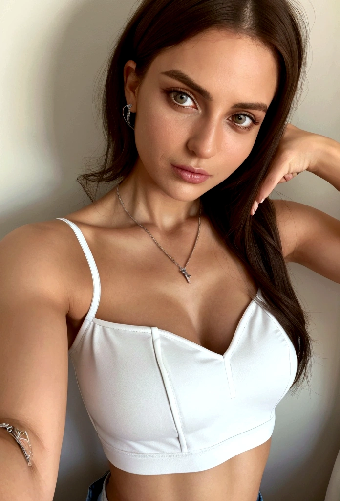 Arafed Realistic woman wearing white tank top and necklace, Fille sexy aux yeux verts, tanned skin, Portrait Sophie Mudd, cheveux bruns et grands yeux, selfie d'une jeune femme, yeux de la chambre, Violette Myers, sans maquillage, Maquillage naturel, regardant directement la caméra, Cara con artgram, maquillage subtil, Impresionante foto de corps entier, yeux verts perçants, bel angle, pose attrayante, mignon , pose sexy, Image du corps entier, corps entier, séance photo sur tout le corps, Brown Goddess, high detail, Pose satisfaite, pantalon en cuir