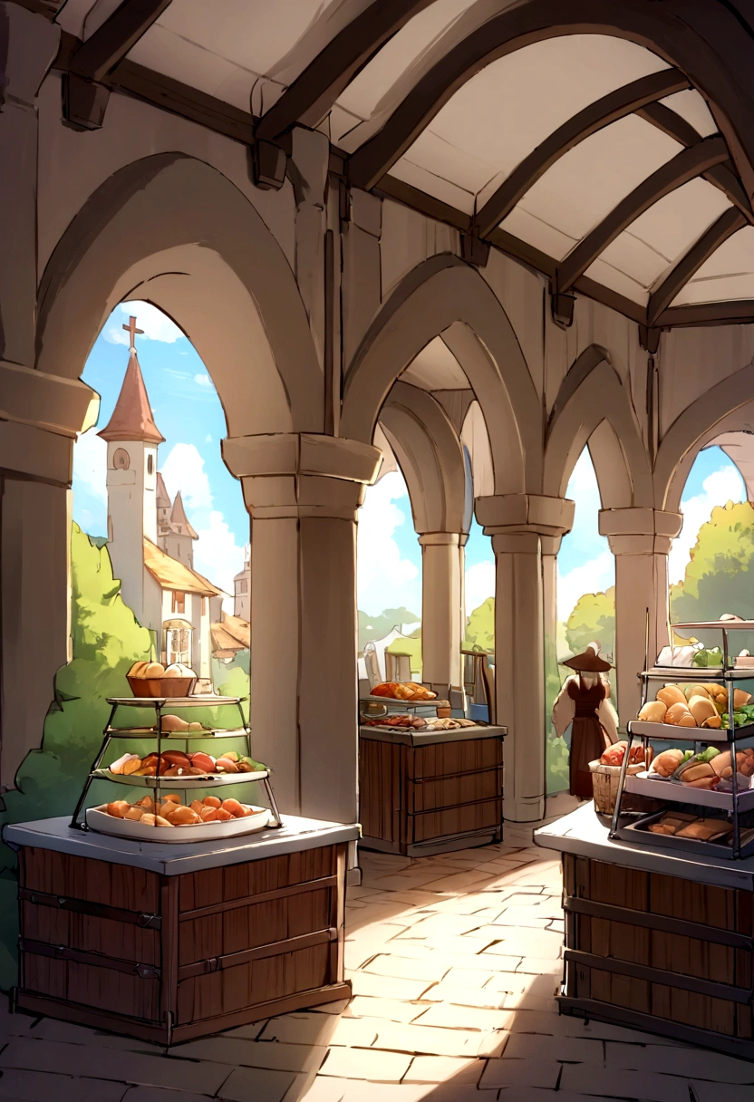((((masterpiece, Highest quality, High resolution)))), High detail, manga,anime,Illustration Style,Use of bright colors,Ghibli Studio,Similar to the colors used in daytime scenes., Medieval European fantasy world, There is no castle in the background,Quoits,ring toss, Market Square during the day, The water glistens in the sunlight.., Bustling food stalls,No humans,人の着ている服はGhibli Studioの魔女の宅急便のような雰囲気, RPG-like scenery,The sky is bright blue、Fluffy white clouds floating, And the sun is shining brightly, Creates a magical and cozy atmosphere,