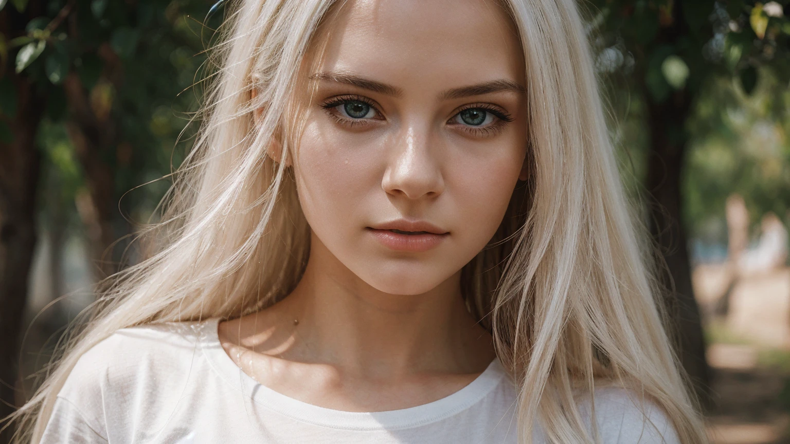 A beautiful young woman, portrait, long white hair, white t-shirt, model face, detailed facial features, expressive eyes, striking lips, serene expression, natural lighting, cinematic composition, high-quality, photorealistic, detailed, masterpiece
