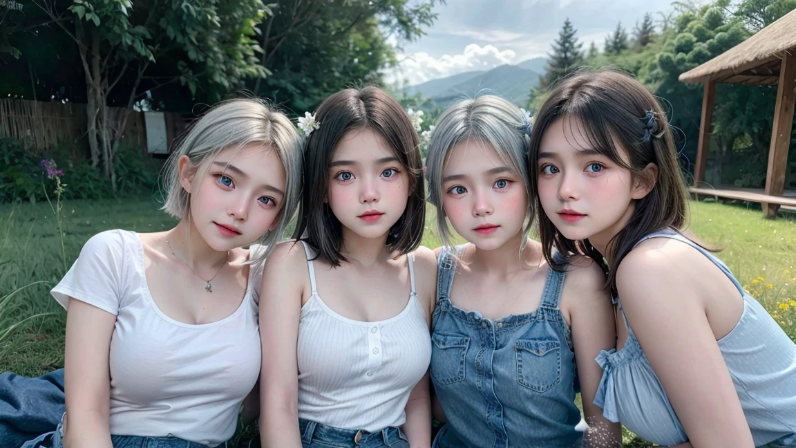 (4 Girls), Indonesian , 12 years ir, white skin, big breast, blue eyes, meadow, silver hair, 8k, The details are very realistic..., There is a lot of light..., The best of taking photos wearing jeans... (4 Girls)