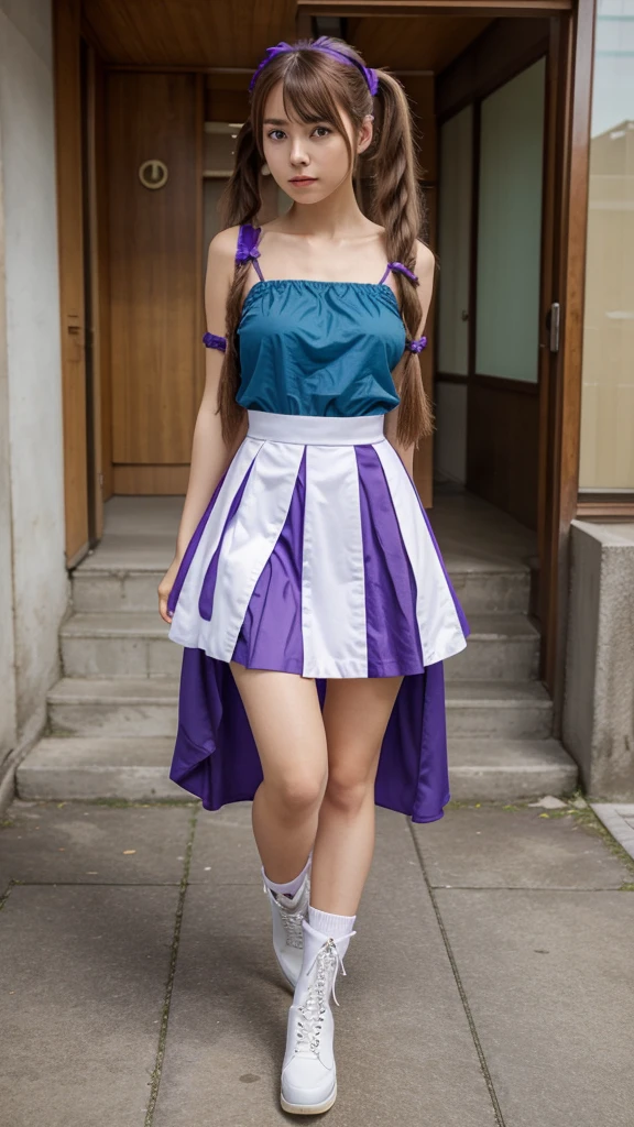 ((masterpiece, best quality))1girl, solo, fashion purple dress modern future, electric guitar, headphones, ponytail, holding, holding plectrum, instrument, very very long brown hair rapunzel, music, one side up, teal hair, twin tails, playing guiter, pleated long skirt fashion, fashion dress modern purple and white, interior, full body, purple, sit down in retro classic chair, walking, jumping, beautiful boot modern, background japan city, fashion costume cosplay japan modern, execited, dance, jumping