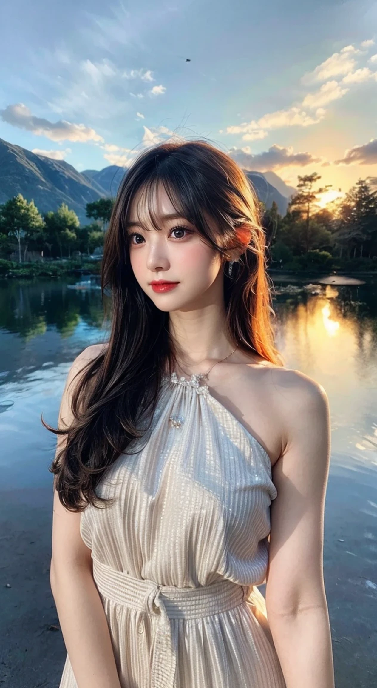 1 girl, serene expression, mesmerizing eyes, straight long hair, flowing dress, poised posture, porcelain skin, subtle blush, crystal pendant BREAK golden hour, (rim lighting):1.2, warm tones, sun flare, soft shadows, vibrant colors, painterly effect, dreamy atmosphere BREAK scenic lake, distant mountains, willow tree, calm water, reflection, sunlit clouds, peaceful ambiance, idyllic sunset, ultra detailed, official art, unity 8k wallpaper , zentangle, mandala