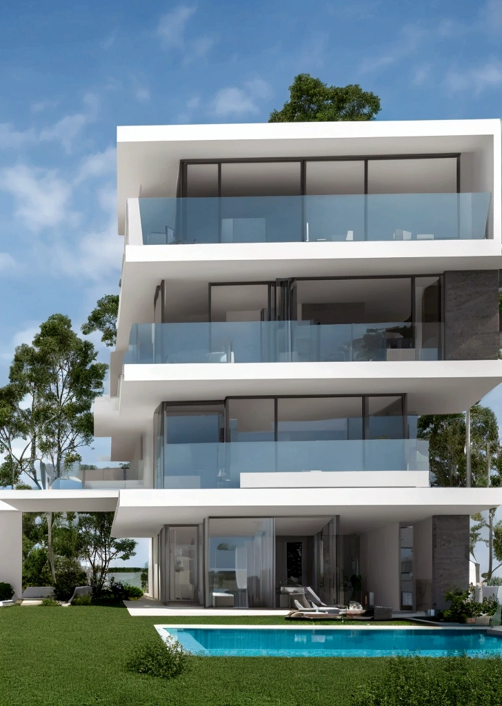 A futuristic technological home, 3-storey building, De frente para as montanhas, Vista do lago, Piscina grande, modern architectural style, foto super detalhada, building, complex , sombra, high-range dynamics, Dynamic light, fotorrealista, leve suavidade natural, Baixo H, Obra de arte, Detalhe 8k. Muitos detalhes, Large floor-to-ceiling glass, Combination of technology and natural environment, Parece super legal,