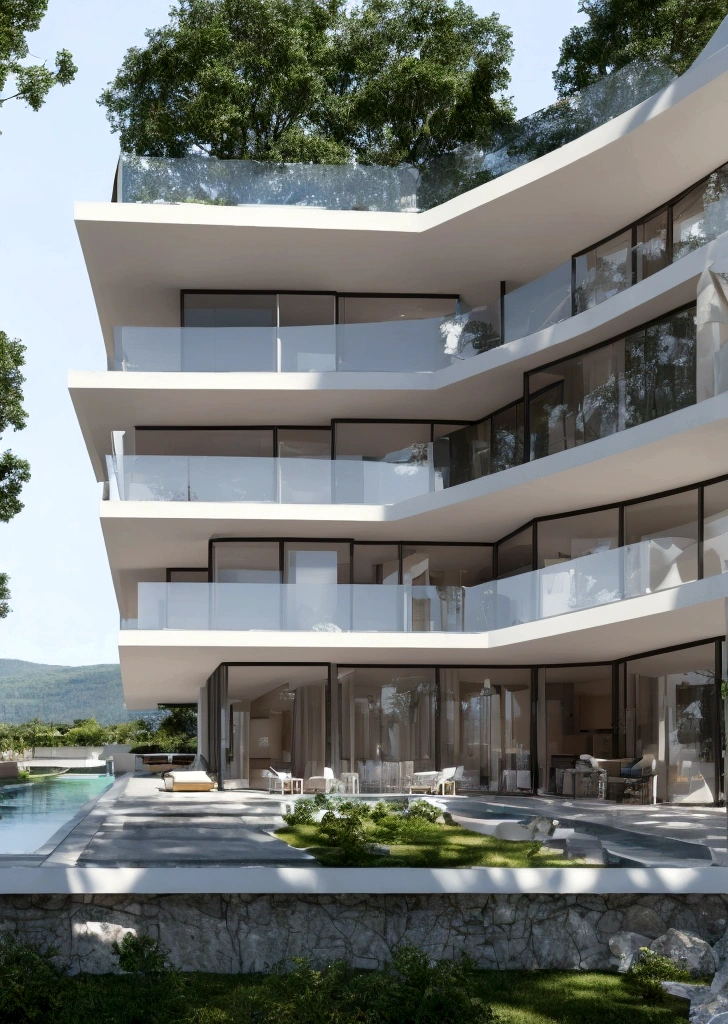 A futuristic technological home, 3-storey building, De frente para as montanhas, Vista do lago, Piscina grande, modern architectural style, foto super detalhada, building, complex , sombra, high-range dynamics, Dynamic light, fotorrealista, leve suavidade natural, Baixo H, Obra de arte, Detalhe 8k. Muitos detalhes, Large floor-to-ceiling glass, Combination of technology and natural environment, Parece super legal,