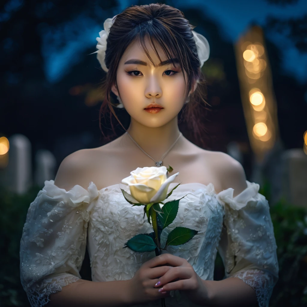 (masterpiece), (extremely intricate:1.3), (realistic), photo of a a bit chubby charming pale Japanese teen girl with very hairy groin standing in the full nudiyy holding a white rose, (baroque hairstyle), plan american, spooky graveyard at night, professional photograph of a stunning teen girl detailed, sharp focus, dramatic, award winning, cinematic lighting, volumetrics dtx, (film grain, blurry background, blurry foreground, bokeh, depth of field, night, motion blur:1.3), 4k, 8k, hd, hdr
