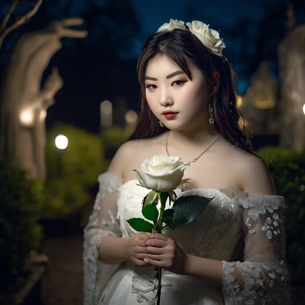 (masterpiece), (extremely intricate:1.3), (realistic), photo of a a bit chubby charming pale Japanese teen girl with very hairy groin standing in the full nudiyy holding a white rose, (baroque hairstyle), plan american, spooky graveyard at night, professional photograph of a stunning teen girl detailed, sharp focus, dramatic, award winning, cinematic lighting, volumetrics dtx, (film grain, blurry background, blurry foreground, bokeh, depth of field, night, motion blur:1.3), 4k, 8k, hd, hdr