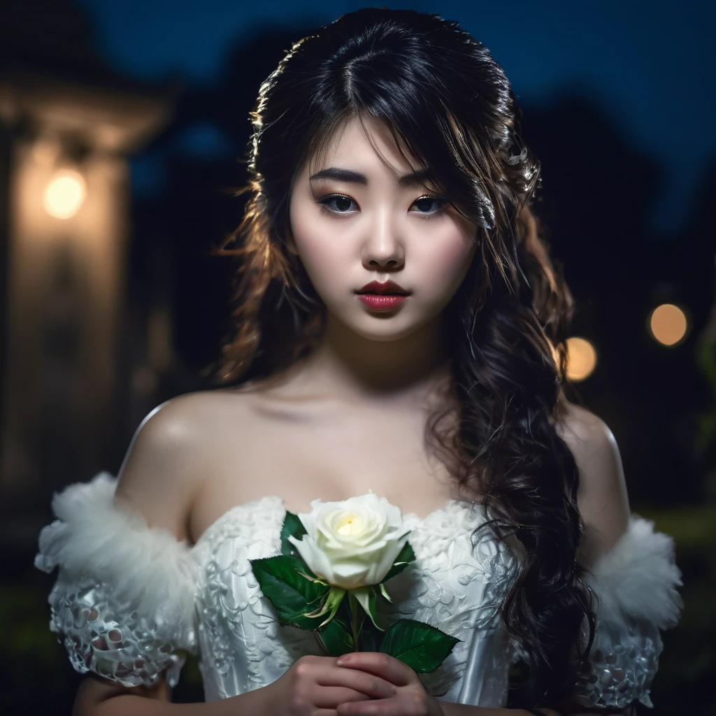 (masterpiece), (extremely intricate:1.3), (realistic), photo of a a bit chubby charming pale Japanese teen girl with very hairy groin standing in the full nudiyy holding a white rose, (baroque hairstyle), plan american, spooky graveyard at night, professional photograph of a stunning teen girl detailed, sharp focus, dramatic, award winning, cinematic lighting, volumetrics dtx, (film grain, blurry background, blurry foreground, bokeh, depth of field, night, motion blur:1.3), 4k, 8k, hd, hdr