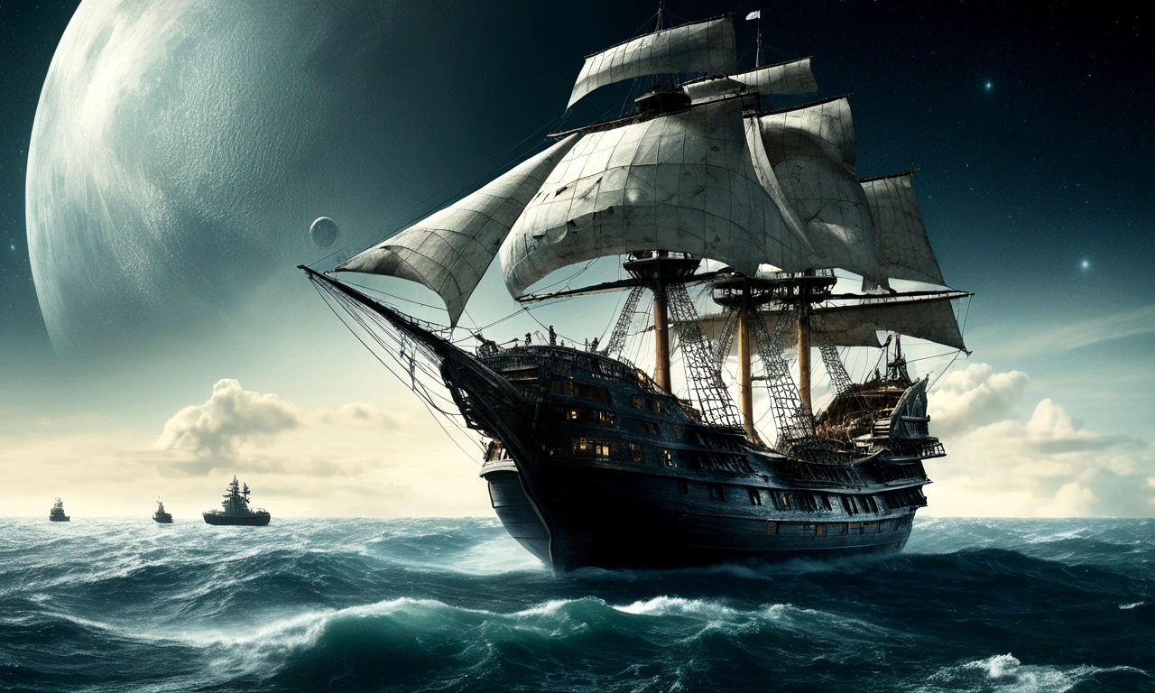 A cinematic close-up still from the movie Interstellar, showing a huge Pirate ship floating in the outer space with pirates standing in front, under a beautiful surreal sky, in a cinematic, movie poster style, influenced by Howard Pyle,and Gerald Scarfe