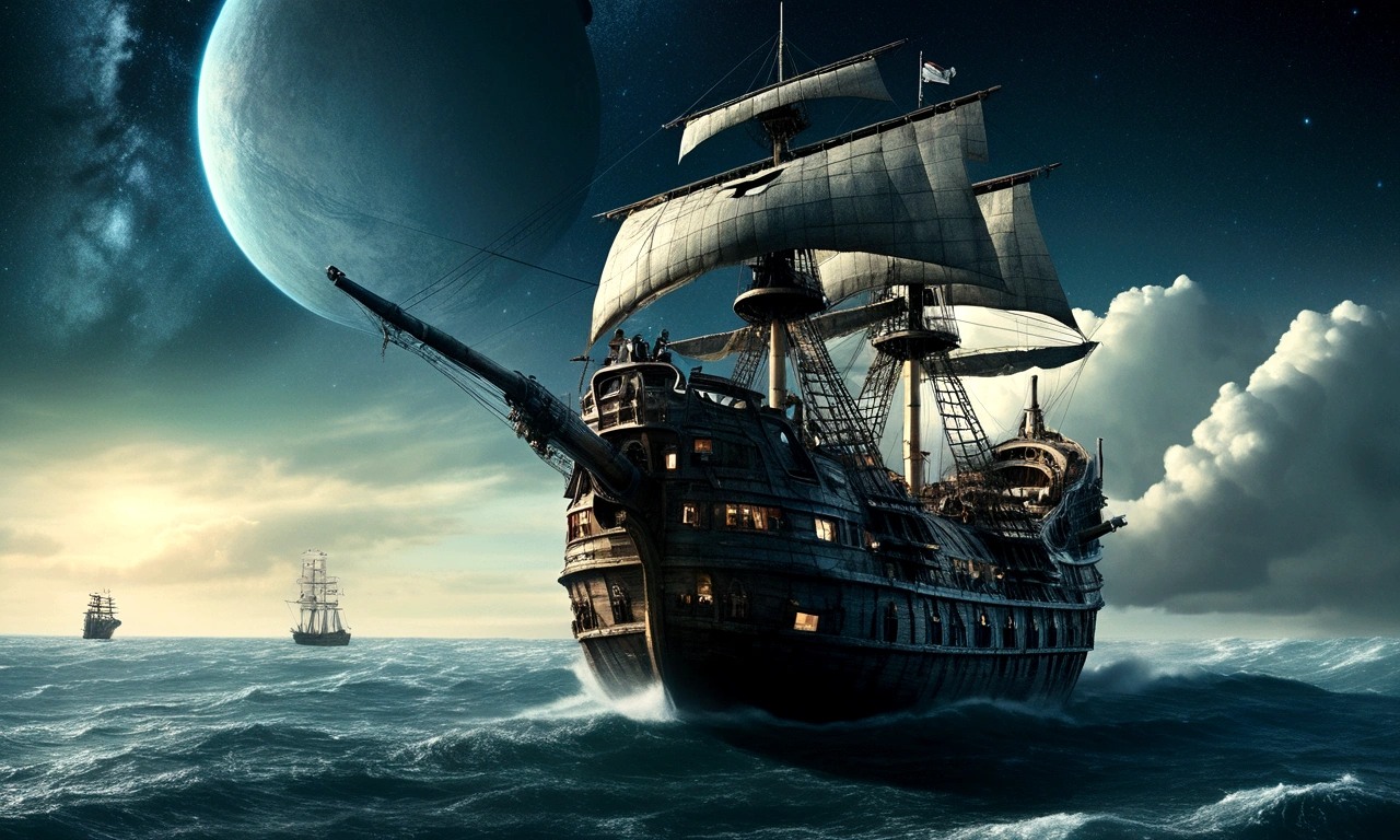 A cinematic close-up still from the movie Interstellar, showing a huge Pirate ship floating in the outer space with pirates standing in front, under a beautiful surreal sky, in a cinematic, movie poster style, influenced by Howard Pyle,and Gerald Scarfe