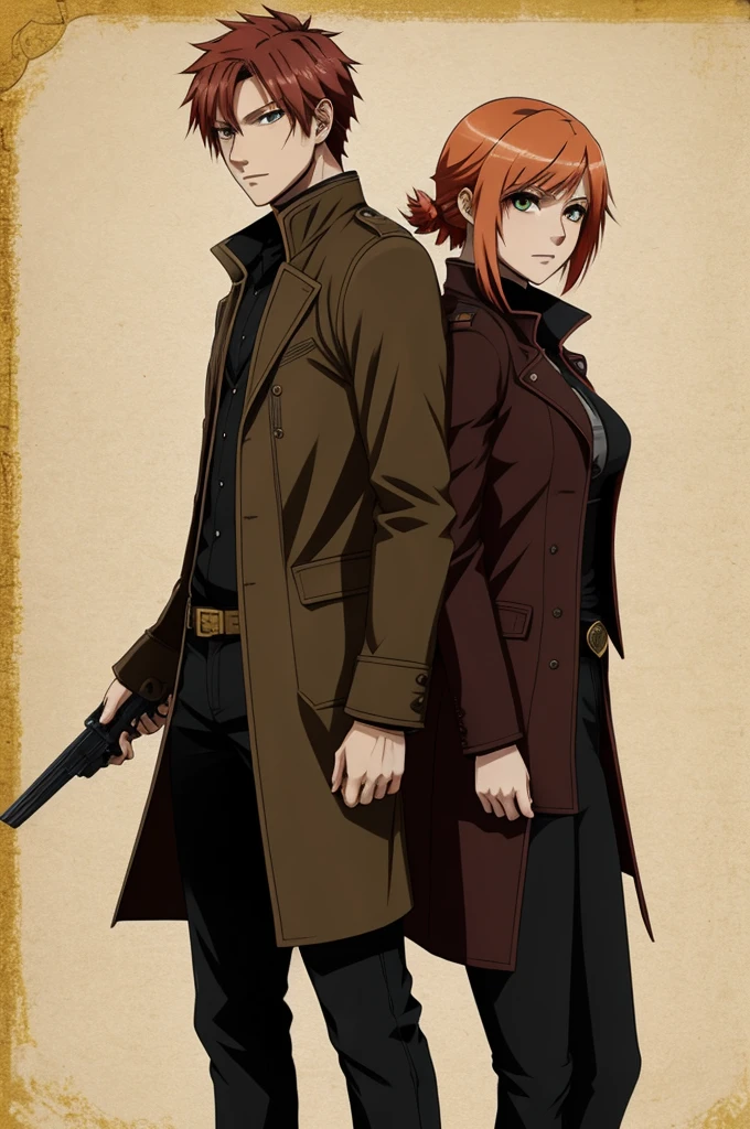 A girl with short, straight, peach-colored hair and a guy with red hair and yellow eyes in the anime style of Assassination Class
