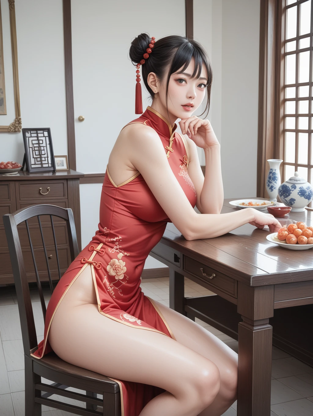 score_9, score_8_superior, score_7_superior,indoor,
One girl, China dress,Sitting , table,