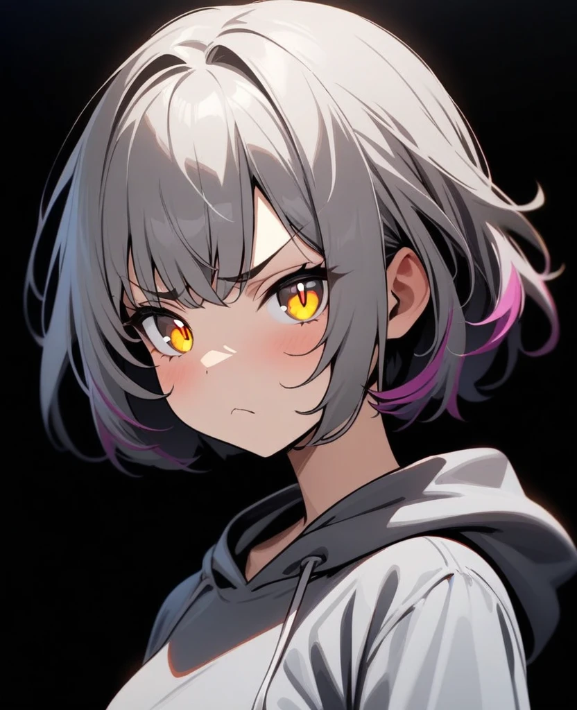 masterpiece, best quality, very aesthetic, absurd, up to date,1 Girl, (Homegirl,Shadowed side,frown),
Dark grey hair, Multi-colored hair,short hair, Grey hooded shirt,Cat ear,Yellow pupils