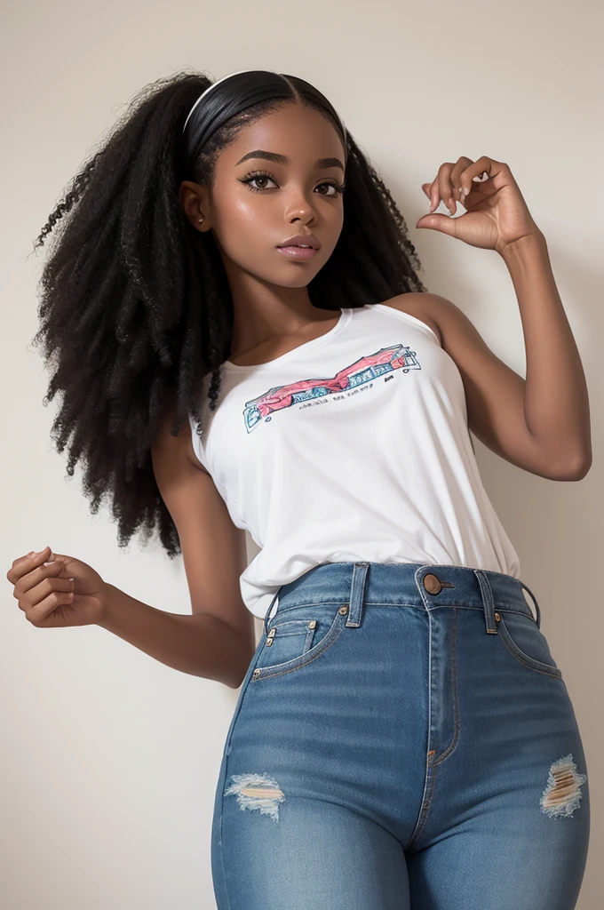 Illustration of a cartoon style black girl, saia jeans curta, cabelo rabo de cavalo