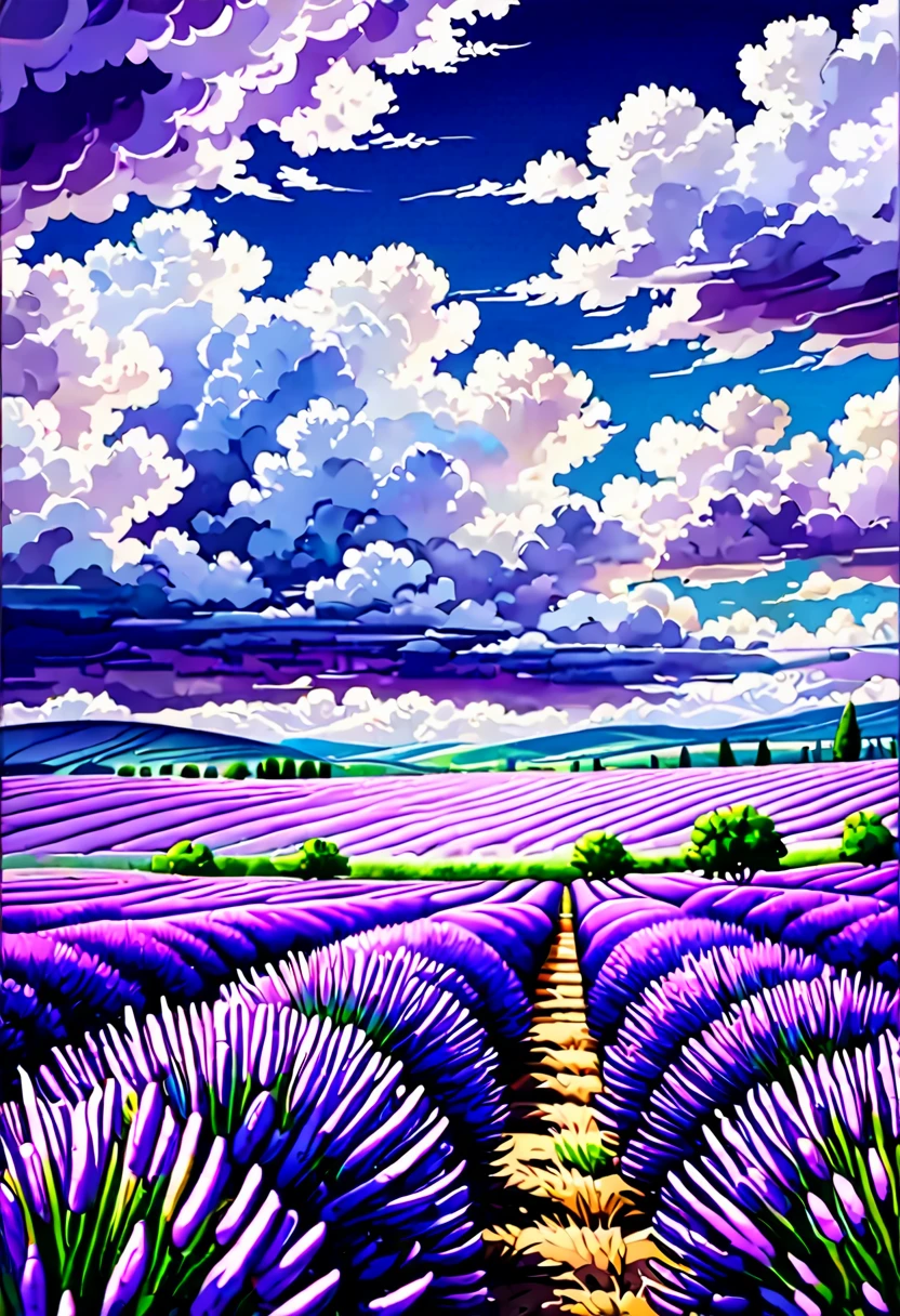 Lavender field under a cloudy sky: “Wide fields of violet lavender flowers, stretching out under a sky overcast with thick clouds.”, HD 4K.