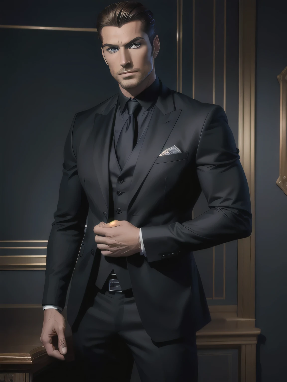 standing man, handsome man, he is wearing a black suit, blue eyes, strong, masculine and handsome, handsome man, handsome and attractive, extremely handsome, inspired by Burak Çelik, Raphael Personnaz, handsome and elegant, promotional photo, inspired by Nicholas Marsicano, very handsome, giorgio. professional photo, posing for photo
