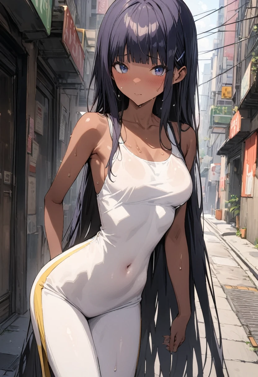 (((masterpiece, Highest quality:1.3,absurdres))),25 year old beauty,solo,((very small head:1.3)),long hair,bangs,dark blue hair,dark blue eyes,gorgeous eyes,shy,medium breasts,((very long body:1.3)),((toned body,slender body)),skinny,((tan skin)),gleaming skin,shiny skin,sweat,(White tank top、Yellow pleated mini skirt),on street,Back Alley、New York City、