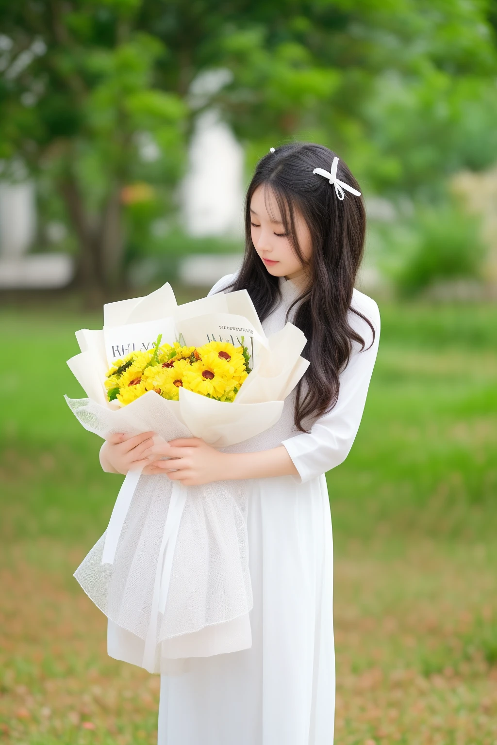 there is a woman holding a bouquet of flowers in a park, with flowers, holding flowers, carrying flowers, young asian girl, dang my linh, ao dai, handsome girl, young and cute girl, bouquet, cute young girl, photo taken with nikon d 7 5 0, photo taken with nikon d750, student, surprise, exclusive, cutest