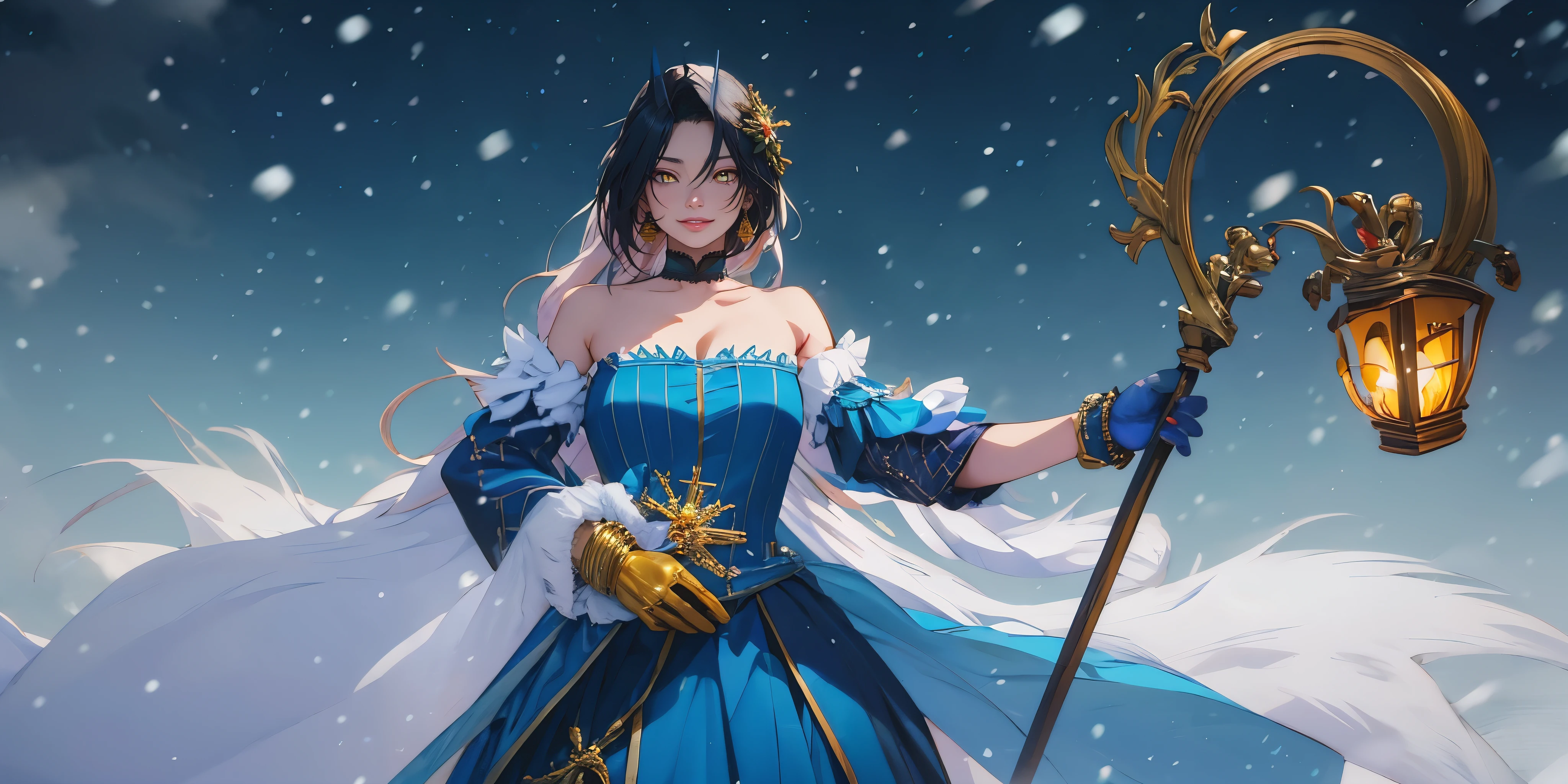 black hair, long hair, parted bangs, golden eyes, curvy, anatomically correct, heavy breathing, huge breasts, dress, 1girl, staff, solo, snowing, bare_shoulders, breasts, gloves, jewelry, holding_staff, snow, blue_dress, detached_sleeves, snowflakes, holding, strapless_dress, choker, strapless, looking_at_viewer, holding_staff, standing, "Photorealistic, Hyperrealistic, Hyperdetailed, analog style, soft lighting, subsurface scattering, realistic, heavy shadow, masterpiece, best quality, ultra realistic, 8k, golden ratio, Intricate, High Detail, film photography, soft focus", (shaded face:1.2), hollow eyes, golden eyes, lips, smirk, upper teeth, cheek,
