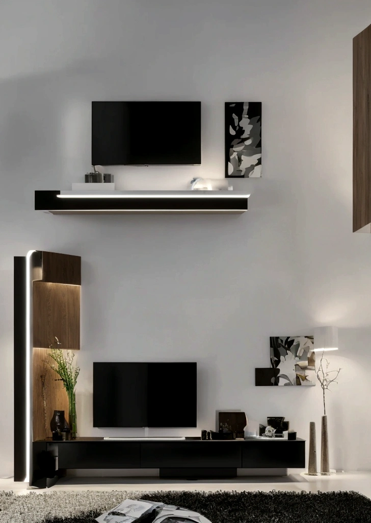 sala moderna e luxuosa com uma tv gigante de led toda decorada de preto com luzes azuis de neon