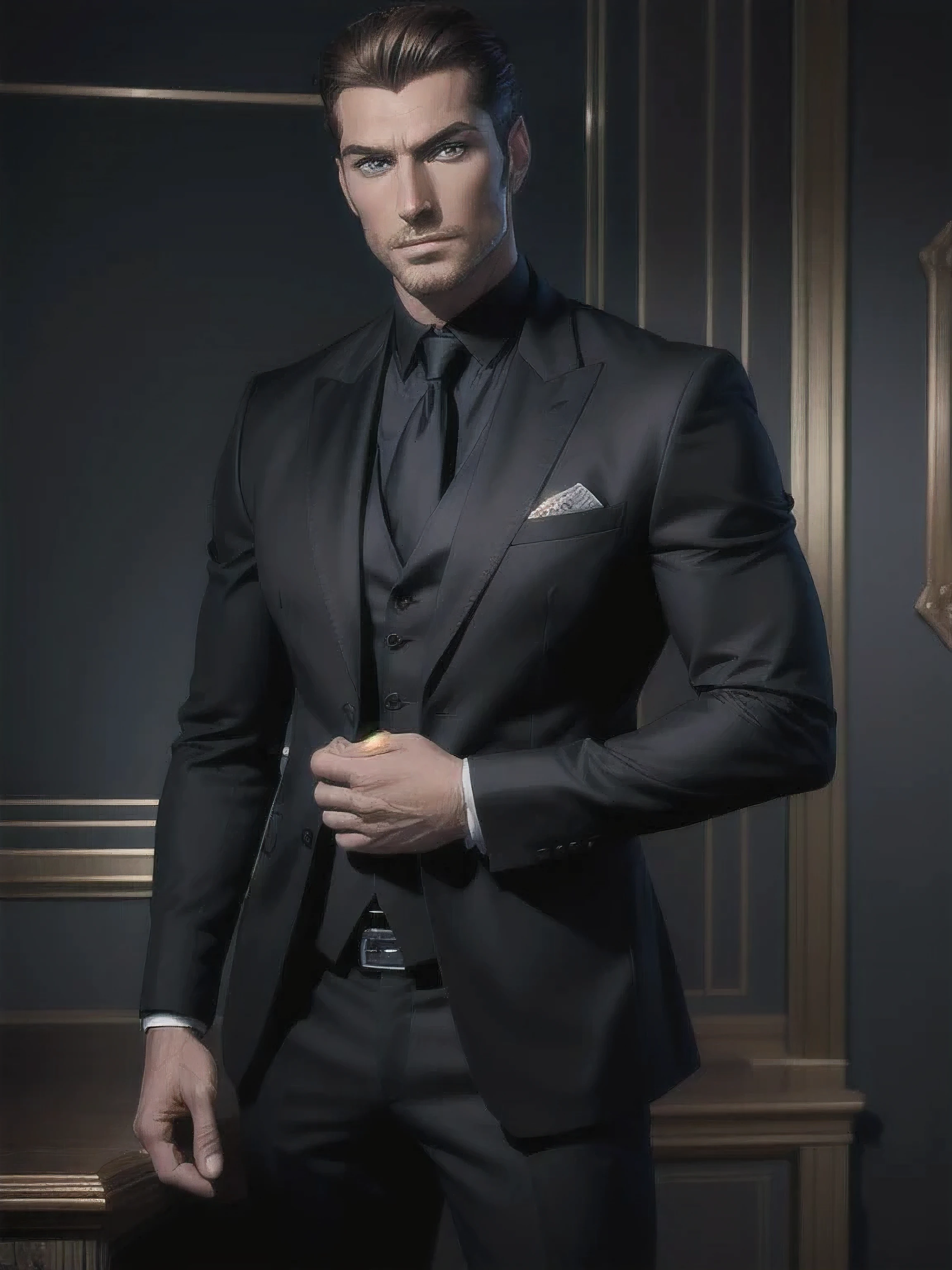 standing man, handsome man, he is wearing a black suit, blue eyes, strong, masculine and handsome, handsome man, handsome and attractive, extremely handsome, inspired by Burak Çelik, Raphael Personnaz, handsome and elegant, promotional photo, inspired by Nicholas Marsicano, very handsome, giorgio. professional photo, posing for photo