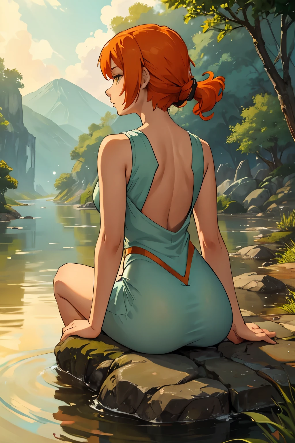 A stunning woman with short, vibrant orange hair stands by a serene river, her back turned to us. She gazes thoughtfully at the flowing water, lost in contemplation. An equally striking orange cat sits by her side, its eyes mirroring the tranquility of the scene. Ghibli style, Miyazaki style