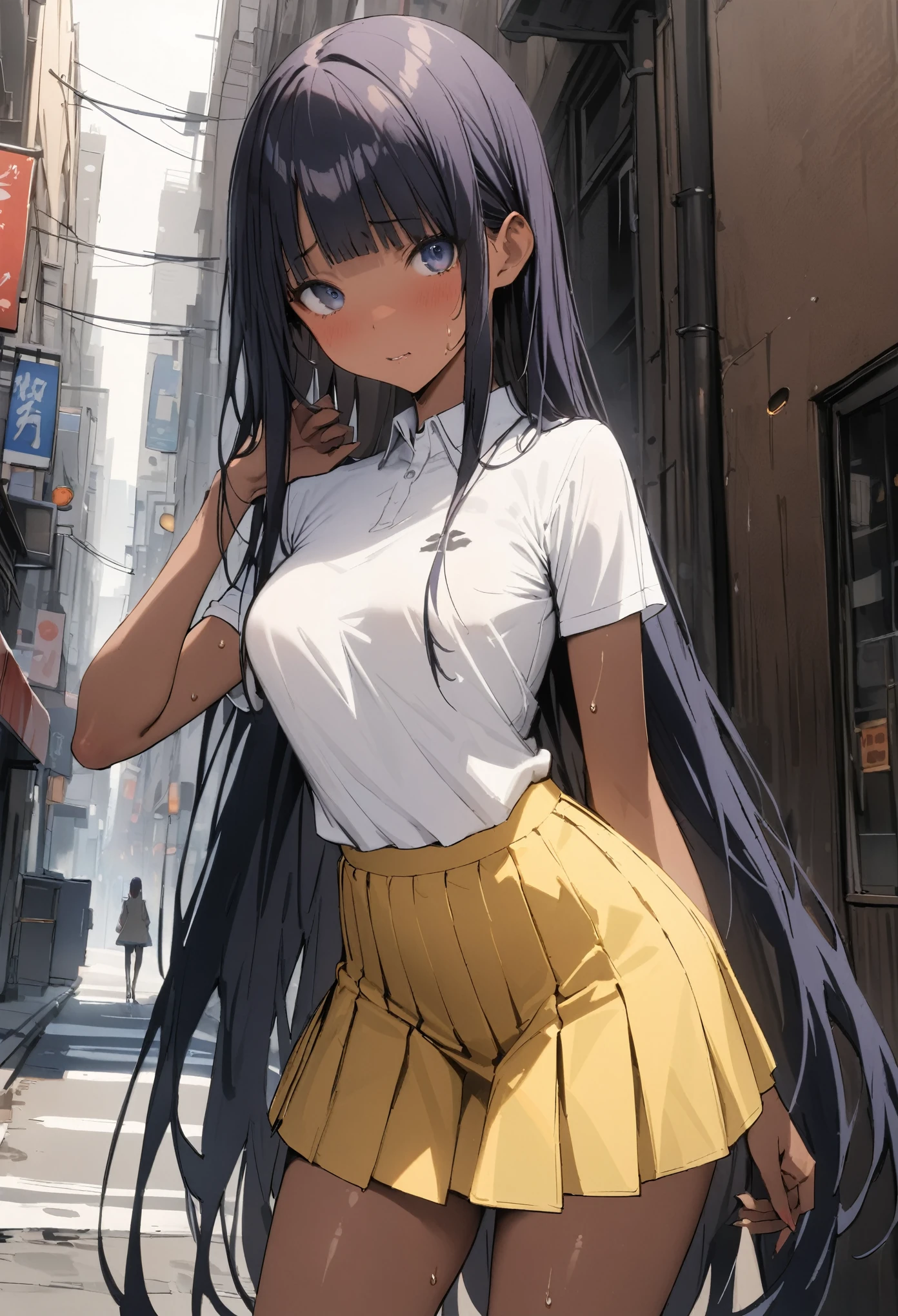 (((masterpiece, Highest quality:1.3,absurdres))),25 year old beauty,solo,((very small head:1.3)),long hair,bangs,dark blue hair,dark blue eyes,gorgeous eyes,shy,medium breasts,((very long body:1.3)),((toned body,slender body)),skinny,((tan skin)),gleaming skin,shiny skin,sweat,(White polo shirt、Yellow pleated mini skirt),on street,Back Alley、New York City、