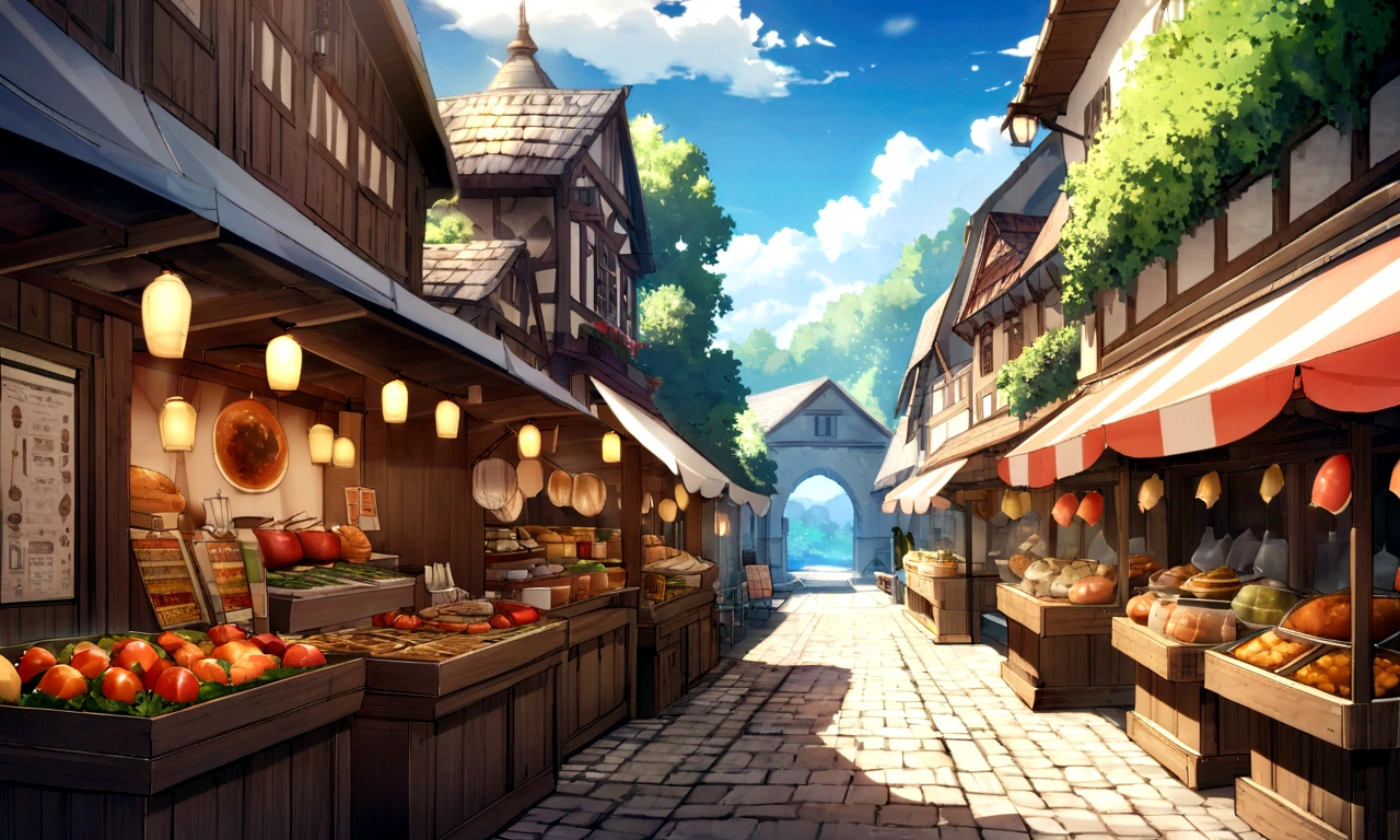 ((((masterpiece, Highest quality, High resolution)))), High detail, manga，anime，Illustration Style，Use of bright colors，Ghibli Studio，Similar to the colors used in daytime scenes., Medieval European fantasy world, There is no castle in the background,Quoits,ring toss, Festival food stalls, Market Square during the day, The water glistens in the sunlight.., Bustling food stalls,No humans，人の着ている服はGhibli Studioの魔女の宅急便のような雰囲気， RPG-like scenery,The sky is bright blue、Fluffy white clouds floating, And the sun is shining brightly, Creates a magical and cozy atmosphere,
