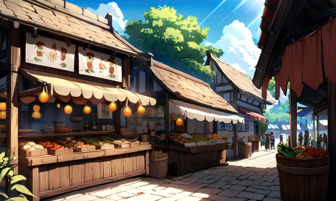 ((((masterpiece, Highest quality, High resolution)))), High detail, manga,anime,Illustration Style,Use of bright colors,Ghibli Studio,Similar to the colors used in daytime scenes., Medieval European fantasy world, There is no castle in the background,Quoits,ring toss, Festival food stalls, Market Square during the day, The water glistens in the sunlight.., Bustling food stalls,No humans,人の着ている服はGhibli Studioの魔女の宅急便のような雰囲気, RPG-like scenery,The sky is bright blue、Fluffy white clouds floating, And the sun is shining brightly, Creates a magical and cozy atmosphere,