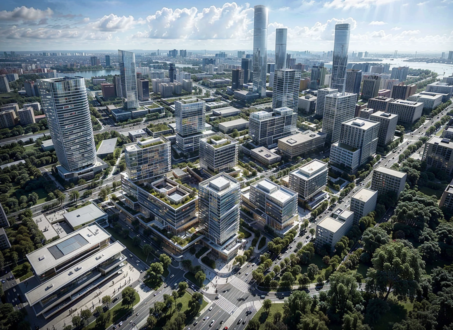 ((Aerial view)), laowang, arafed view of a city at night with a river in the background, a digital rendering by Zha Shibiao, flickr, conceptual art, foster and partners, shenzhen, hangzhou, tech city in the background, herzog de meuron, drone view of a city, landscape with wild grass foreground, building, urban, Commercial, terrace, reflection, humidity, ((masterpiece)), (cyberpunk1.3), high las ((best quality:1.4)), (ultra-high resolution:1.2), (realistic:1.4),(8k:1.2), nsanely detailed, buildings, architecture, interior light, landscape, art artarchitecture, (Curvilinear architecture:1.2), masterpiece, realistic, best quality, high-rise office building, architectural renderings, horizen facade, tree, vehicle, landscape, cloudy_sky, road, street, city, curtain wall, high-rise complex, futurism,Science and technology style, daytime scene,City light, ((clear sky))
