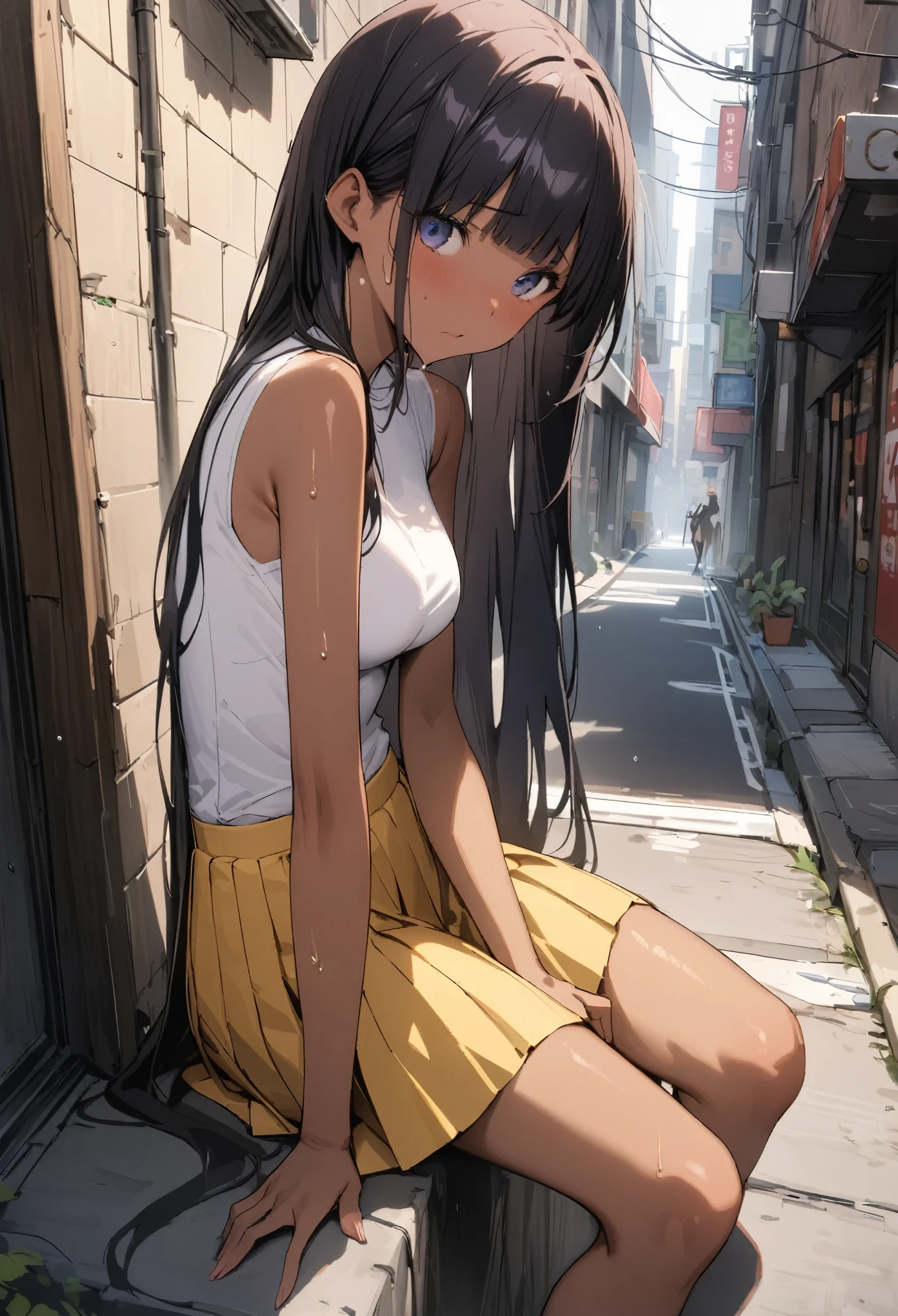 (((masterpiece, Highest quality:1.3,absurdres))),25 year old beauty,solo,((very small head:1.3)),long hair,bangs,dark blue hair,dark blue eyes,gorgeous eyes,shy,medium breasts,((very long body:1.3)),((toned body,slender body)),skinny,((tan skin)),gleaming skin,shiny skin,sweat,(White polo shirt、Yellow pleated mini skirt),on street,Back Alley、New York City、