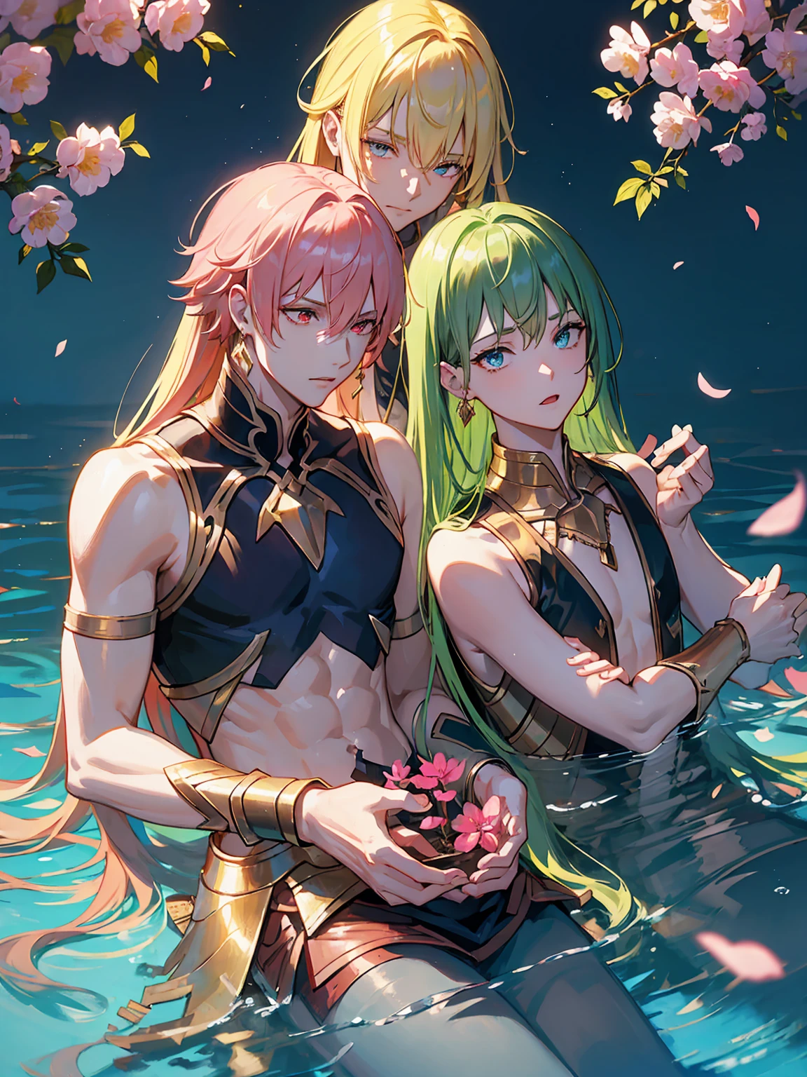 absurdres, highres, ultra detailed, HDR, master piece, best quality, extremely detailed face, delicated features, (caster) Gilgamesh, messy blonde hair, expressive red eyes, fate grand order, Enkidu, green hair, expressive blue eyes, two sexy men together, gay couple, yaoi, handsome, toned chest, arabian, golden earrings, jewelry, cropped black vest sleeveless, water, blossoms, pink flowers, pink butterflies, fantasy, magic, radiant