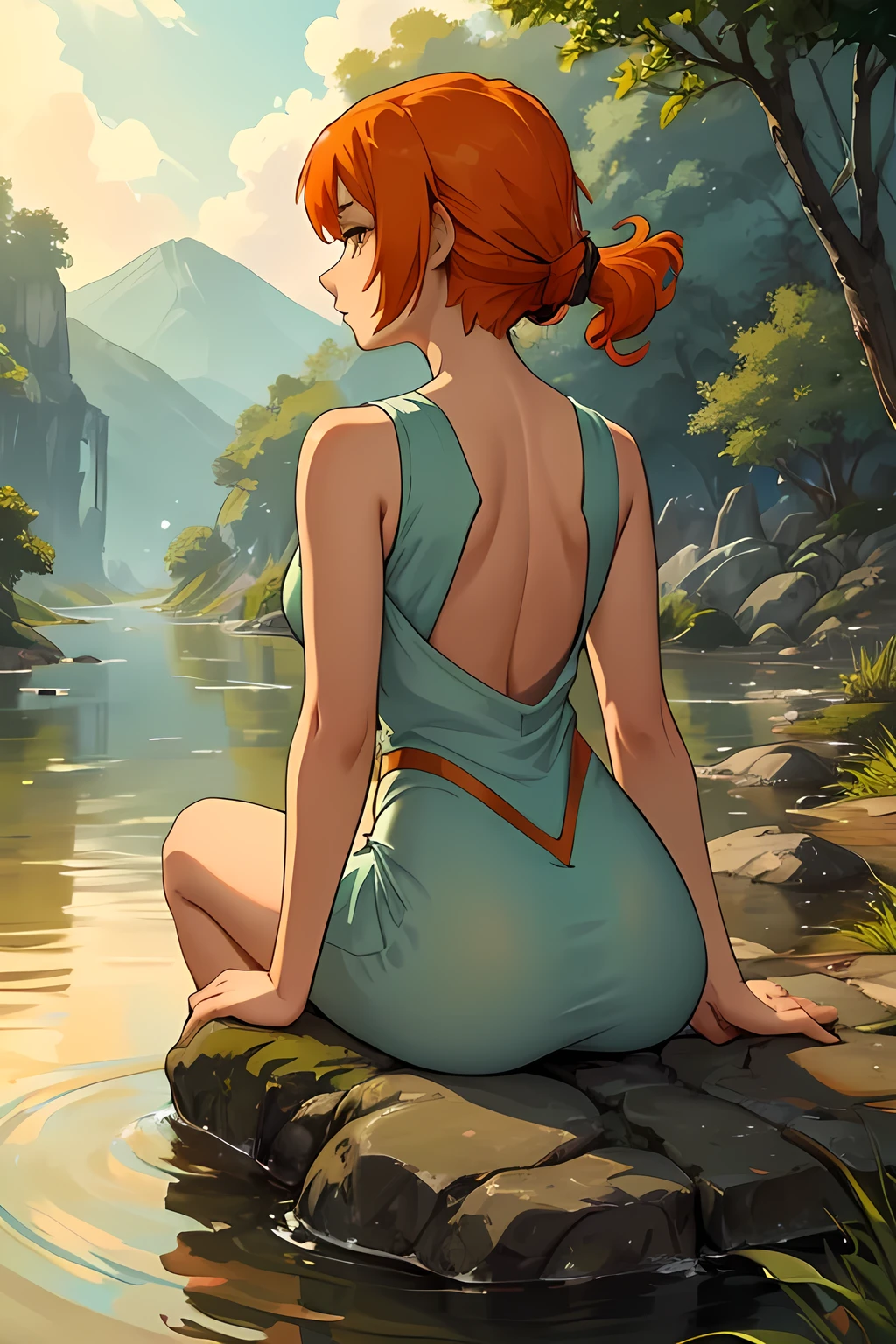 A stunning woman with short, vibrant orange hair stands by a serene river, her back turned to us. She gazes thoughtfully at the flowing water, lost in contemplation. An equally striking orange cat sits by her side, its eyes mirroring the tranquility of the scene. Ghibli style, Miyazaki style
