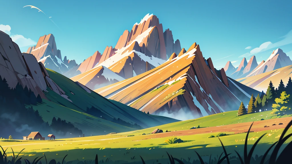4k ultra HD, landscape, very detailed, perfect lighting, plains yellow grass, with large mountains in the background