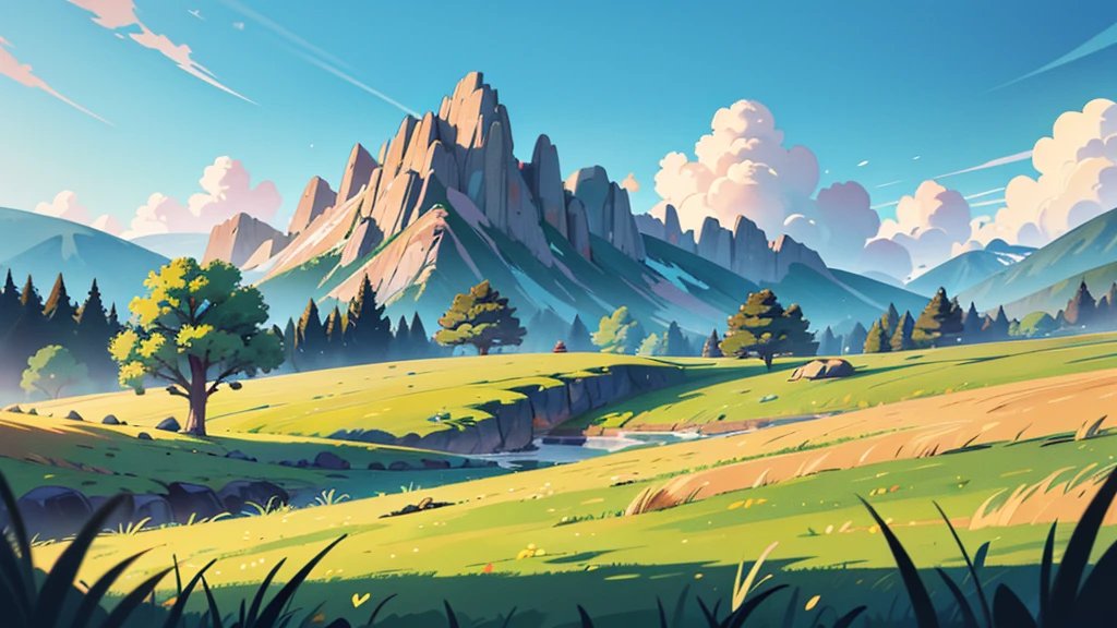 4k ultra HD, landscape, very detailed, perfect lighting, plains yellow grass, with large mountains in the background