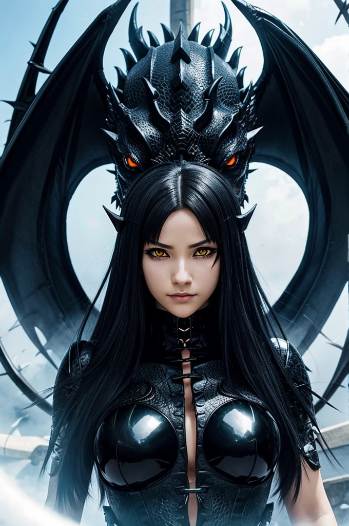A anime black dragon with white shining eyes, it should have three eyes