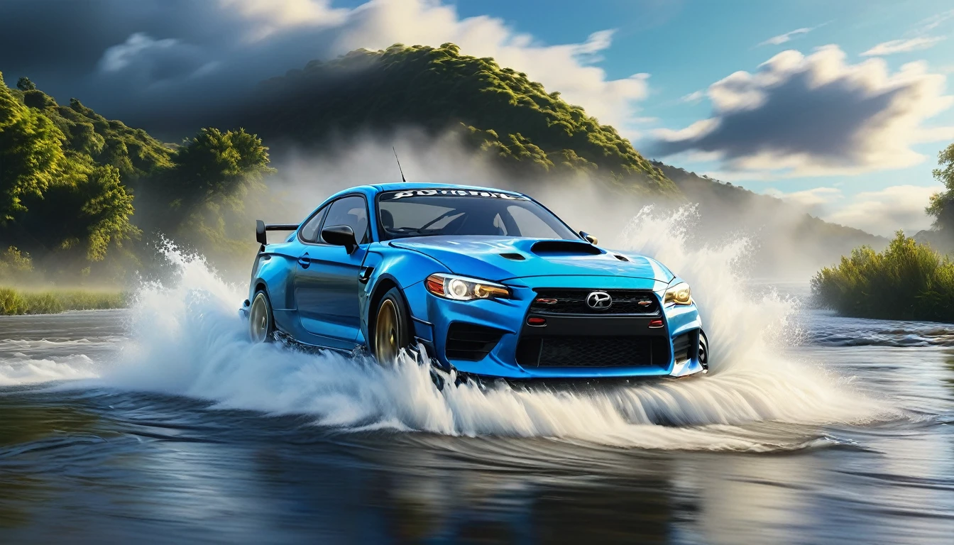 a car drifting in a river, blue sky, waves created by car, hyper realistic, photorealistic, masterpiece, 8k, ultra-detailed, realistic lighting, dynamic motion blur, dramatic clouds, vibrant colors, volumetric fog, reflective water surface, detailed car model, skid marks, splashing water