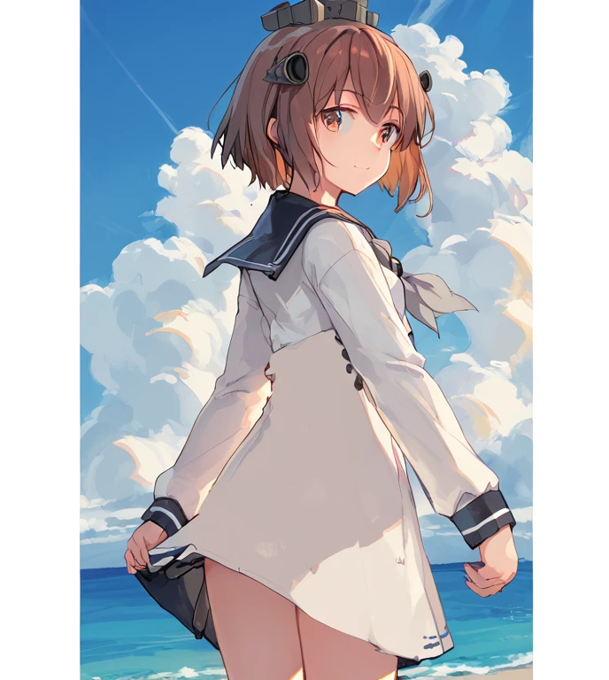 score_9,score_8_up,score_7_up,source_anime,cowboy shot,masterpiece,best quality,details background,extremely detailed,1girl,1girl,yukikaze (kancolle), brown hair, brown eyes,small breasts,short hair, sailor dress,dress,sailor collar,long sleeves,neckerchief,grey neckerchief,white dress,black sailor collar,day break,look back,sea